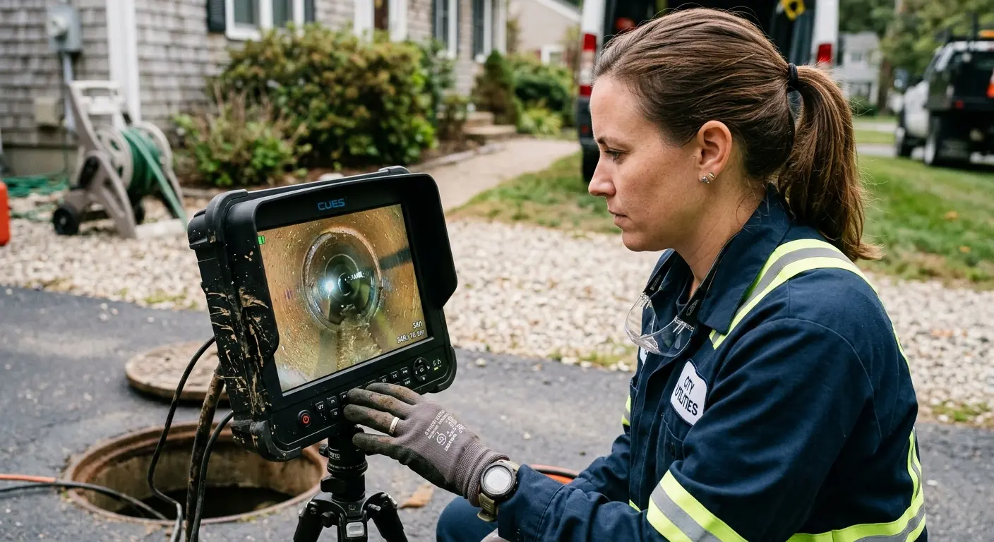 Technician reviewing sewer camera inspection footage in Kearney