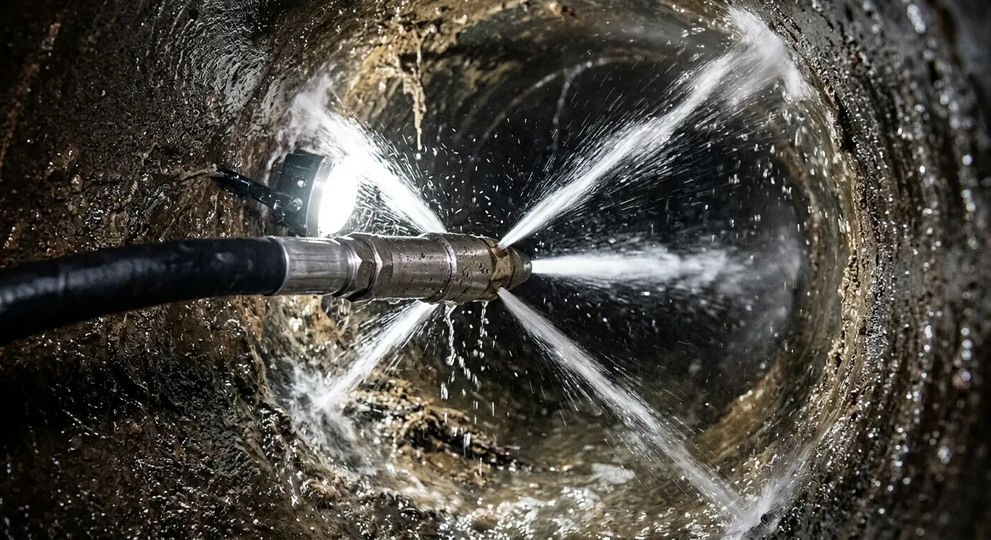High-pressure hydro jetting nozzle cleaning sewer pipe for Emergency Drain Service in Kearney