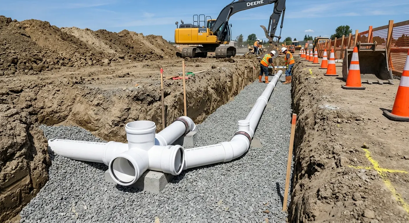New PVC sewer pipe installation in open trench for Commercial Drain Cleaning in Kearney